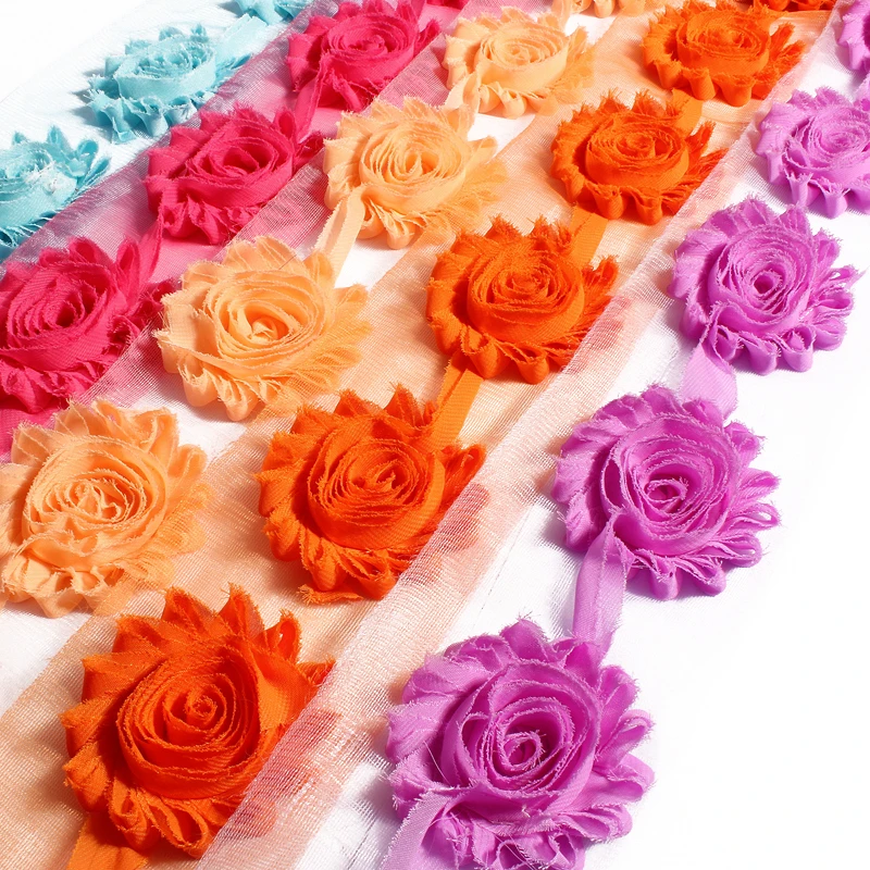 10yard/lot 2.6'' 15Colors Artificial Soft Rose Trim Shabby Frayed Chiffon 3DFabric Flowers For Headbands /Wedding Decortions