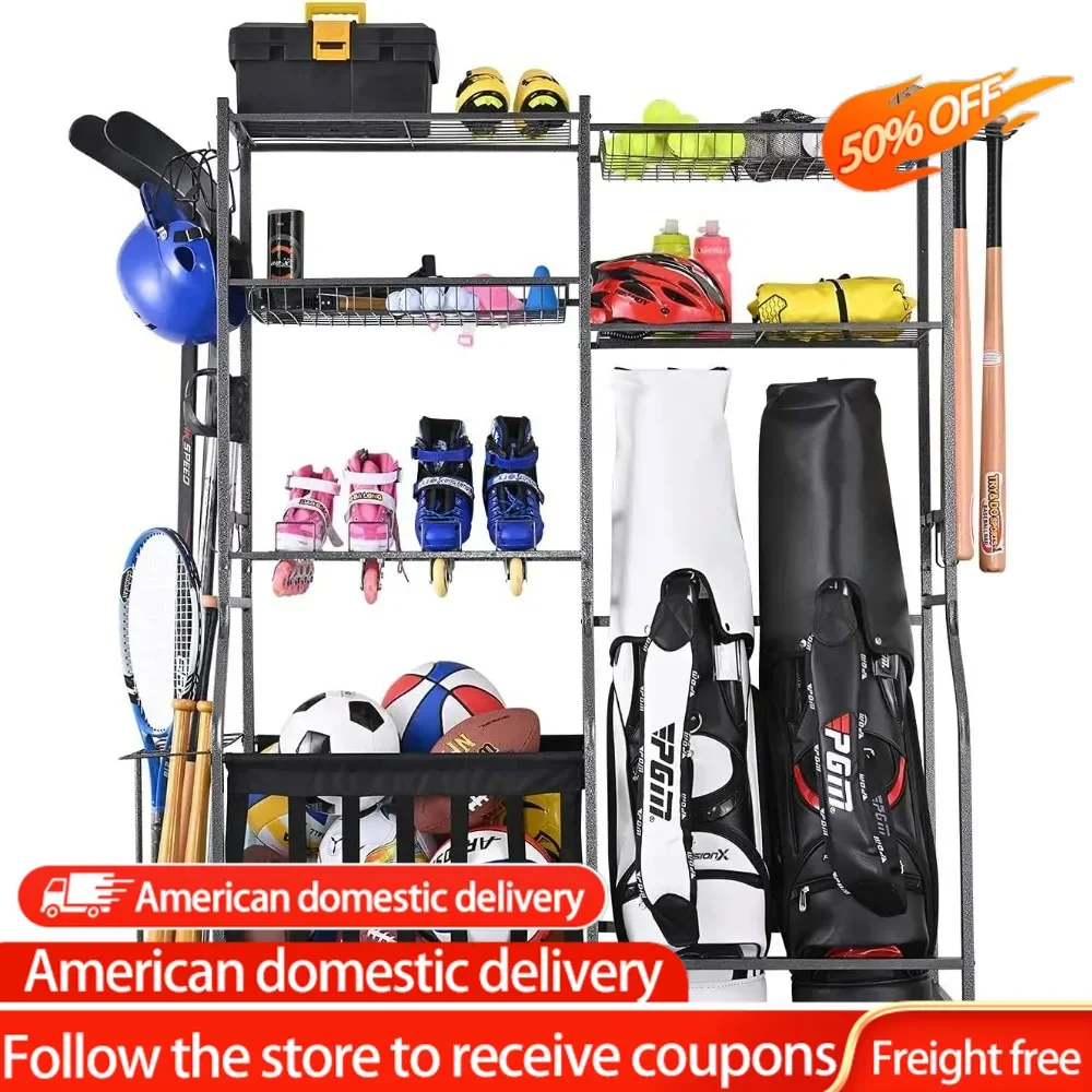 

Garage Sports Equipment Storage, 2 Golf Bag Storage Stand and Other Sports Equipment Storage Rack, Garage Organizer System