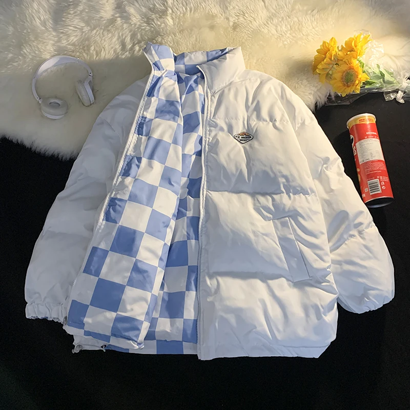 

Double-Sided Wear Thiened down Cotton Jaet Men's Winter Oversize Plaid Couple Bread Sle Cotton Coat Warm Casual Youth F...