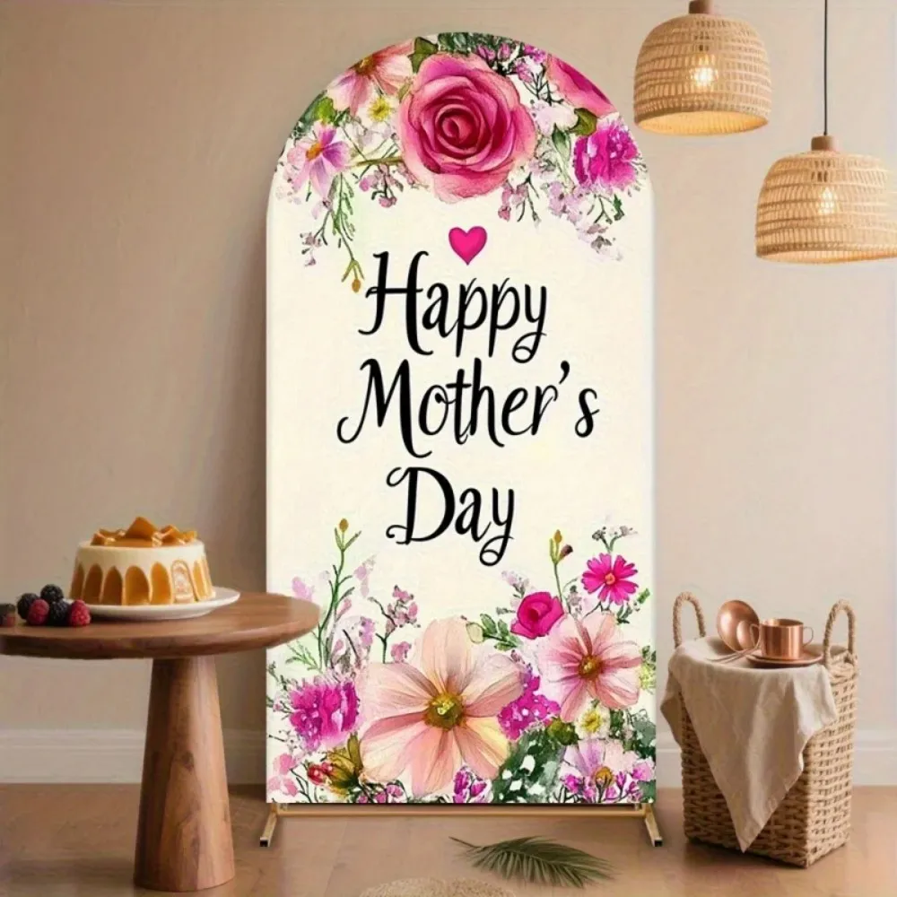 VIKAMA Happy Mother's Day Pink Flower Arch Backdrop for Party Photo Booth Mom Women Decor, Vibrant Floral Print Design