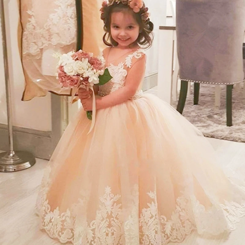 Elegant Flower Girl Dresses Lace Applique Half Sleeve Tulle O-neck Girls  For Ceremony Birthday Party First Communion Dress