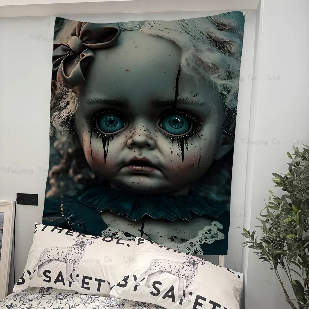 Horror Spooky Weird Little Girl Dolls DIY Wall Tapestry Art Science Fiction Room Home Decor Wall Art Decor