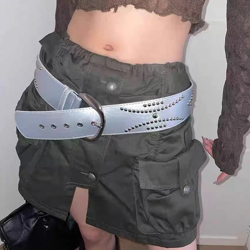 Designer Belt Streetwear Fashion Silver Rivet Wide Belt for Women Punk Style Y2K Accessories Waistband Grunge Metal Design Cool