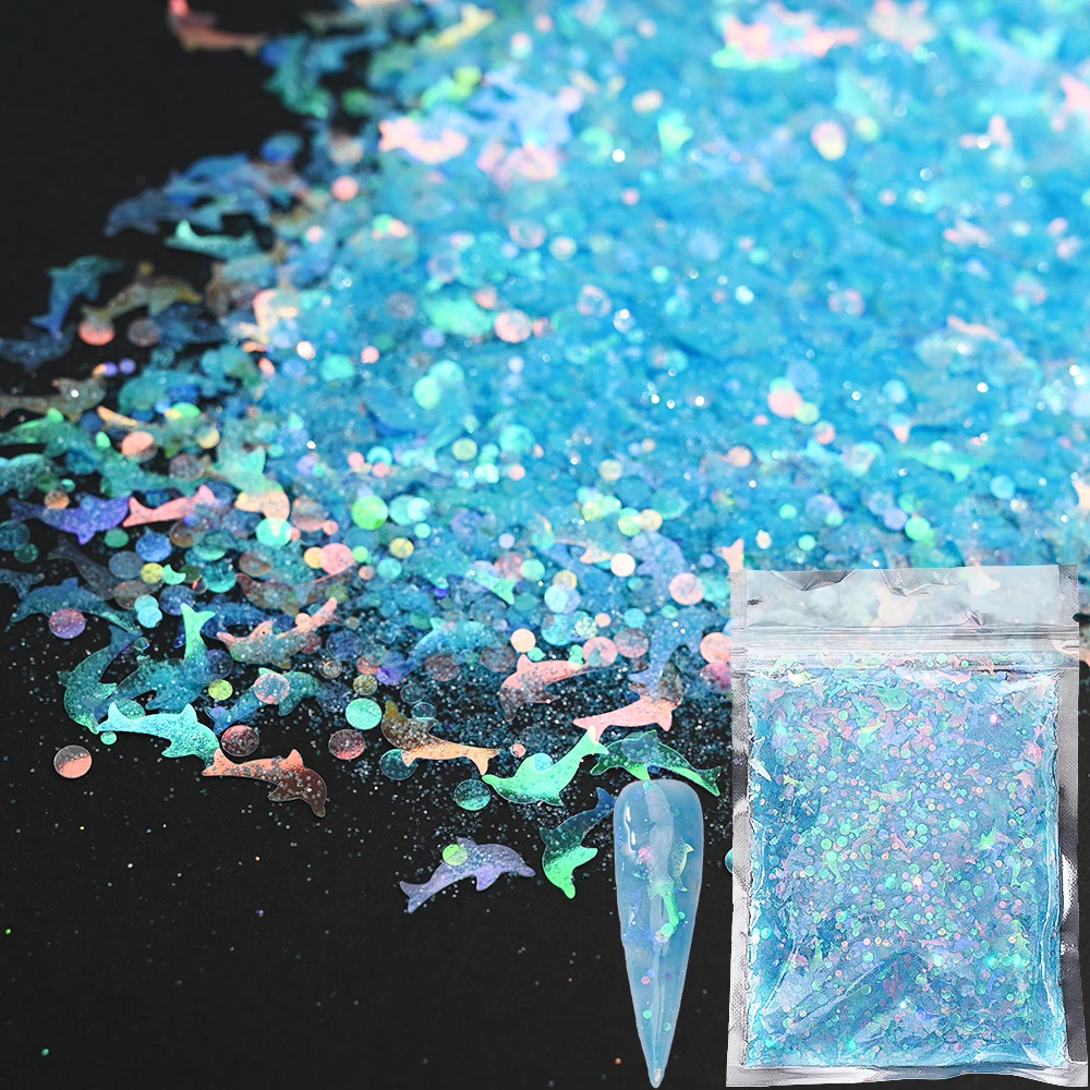 

50g Lovely Dolphin Flakes Nail Sequins Iridescent Ultra Fine Nail Glitter Powder Mixed Summer Ocean Fish DIY Craft Accessories *