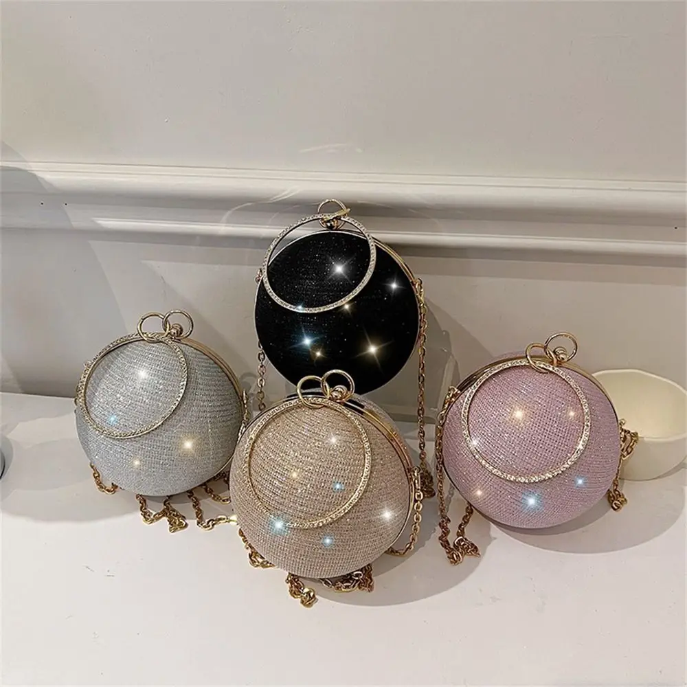 Fashion Circular Evening Bag Luxury Wedding Party Shoulder Bags Elegant Rhinestone Decorative Chain Banquet Clutch Handbags