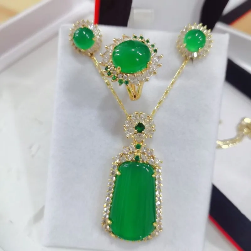 Natural Emperor Green Chalcedony Safety Buckle Necklace Pendant Earrings Ring Set Deluxe Edition Three-piece Set Women's