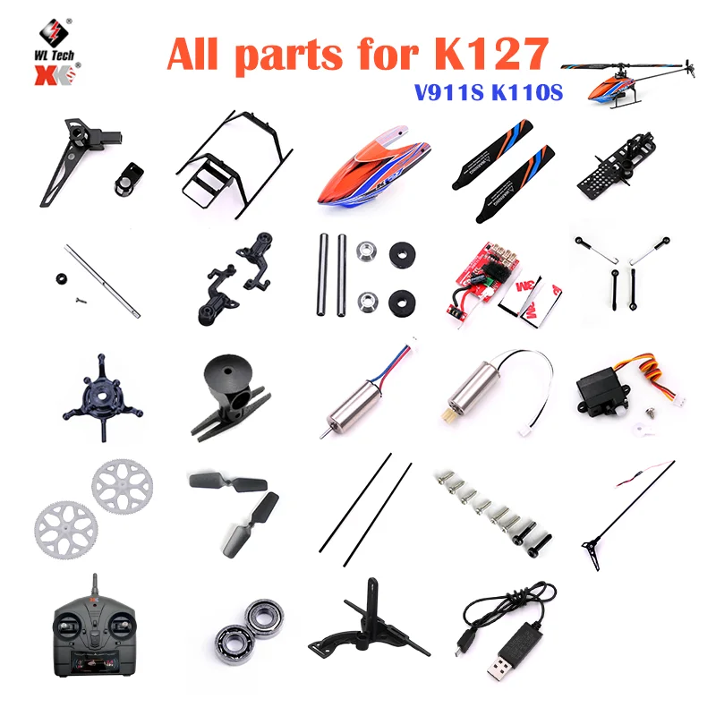 Запчасти для радиоуправляемого вертолета WLtoys XK K127 V911S: Крыша кабины, плата приемника, лопасть, хвостовой двигатель, ротор, сервопривод, сменные аксессуары