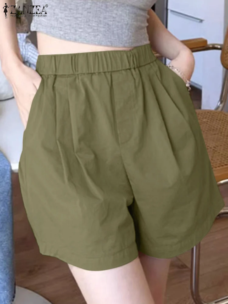 

ZANZEA Women Summer Trousers Female Elastic Waist Solid Shorts Casual Loose Beach Shorts Fashhion Holiday Pantalon Work Palazzo