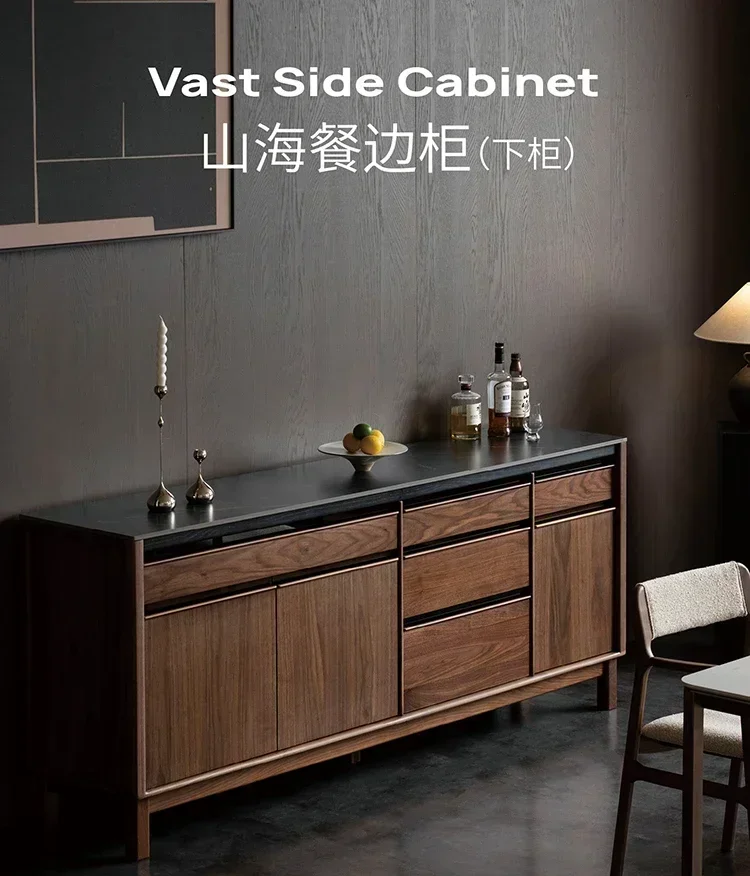 Sideboard Cabinet Lower Cabinet Japanese-Style Solid Wood Stone Plate Sideboard Cabinet Black Walnut Wall Side Locker