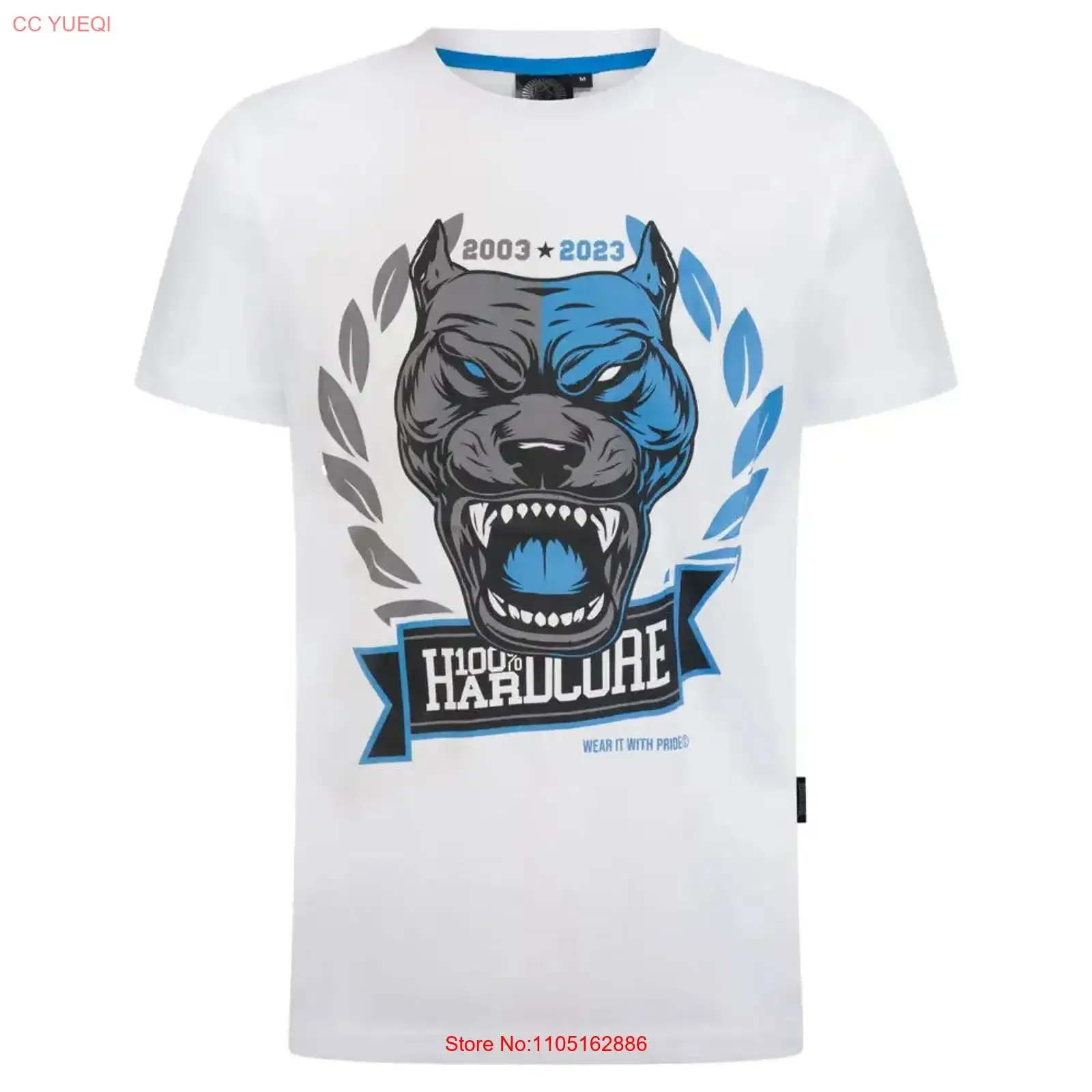 

100 HARDCORE Men's Pride Dog T Shirt White Blue 305424100 Gabber vintage Washed designer clothes streetwear Breathable Stylish