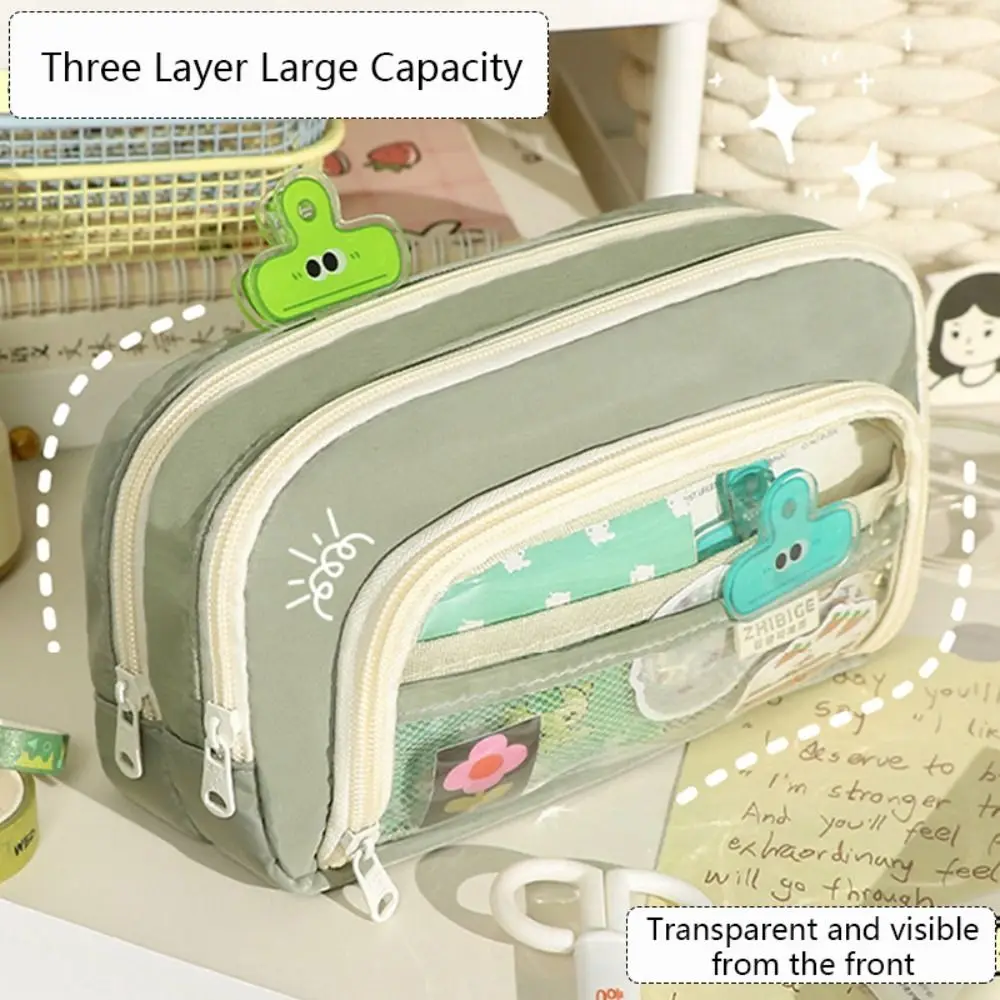 Simple Three Layer Pen Bag Large Capacity Translucent Stationery Organizer Multifunctional Stationery Bag Student Gift