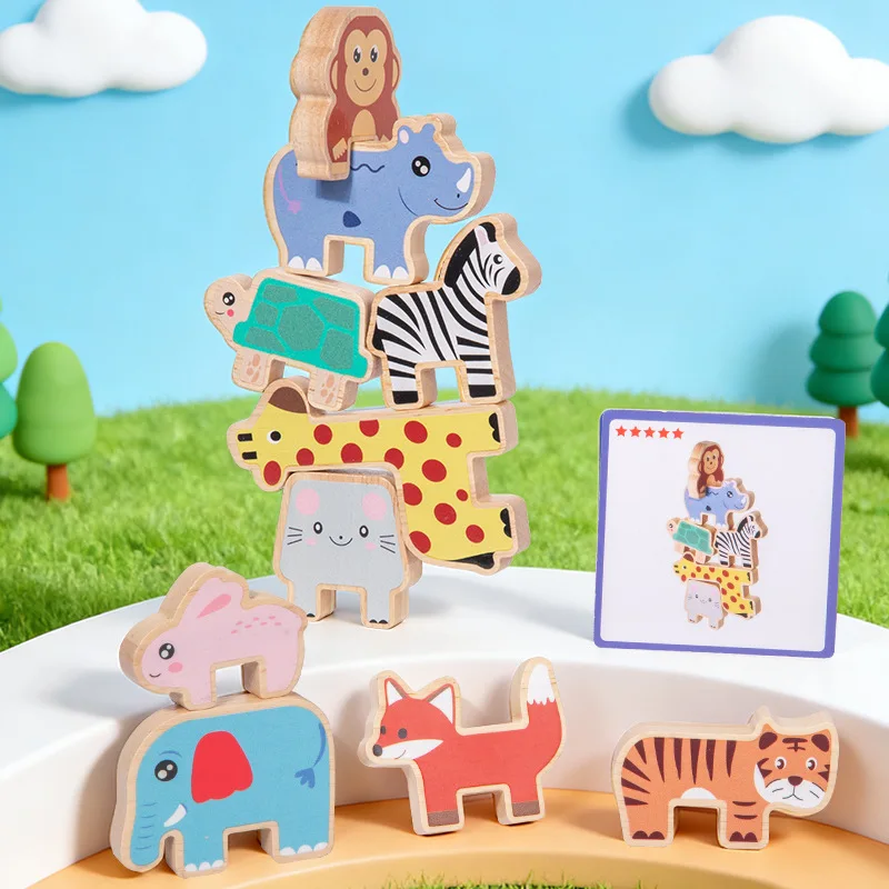 Wooden Animal Stacking Blocks Balance Game Montessori Early Learning Toys Kids Balance Sensory Training Fine Motor Training Toys