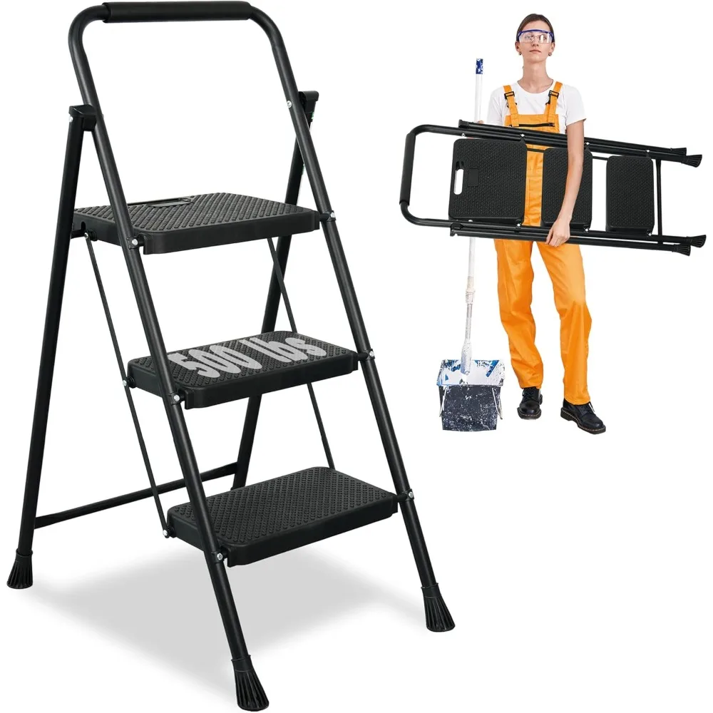 Trapladder, draagbare stalen vouwkruk met breed antislippedaal, stevige stalen ladder van 500 lbs, zwart