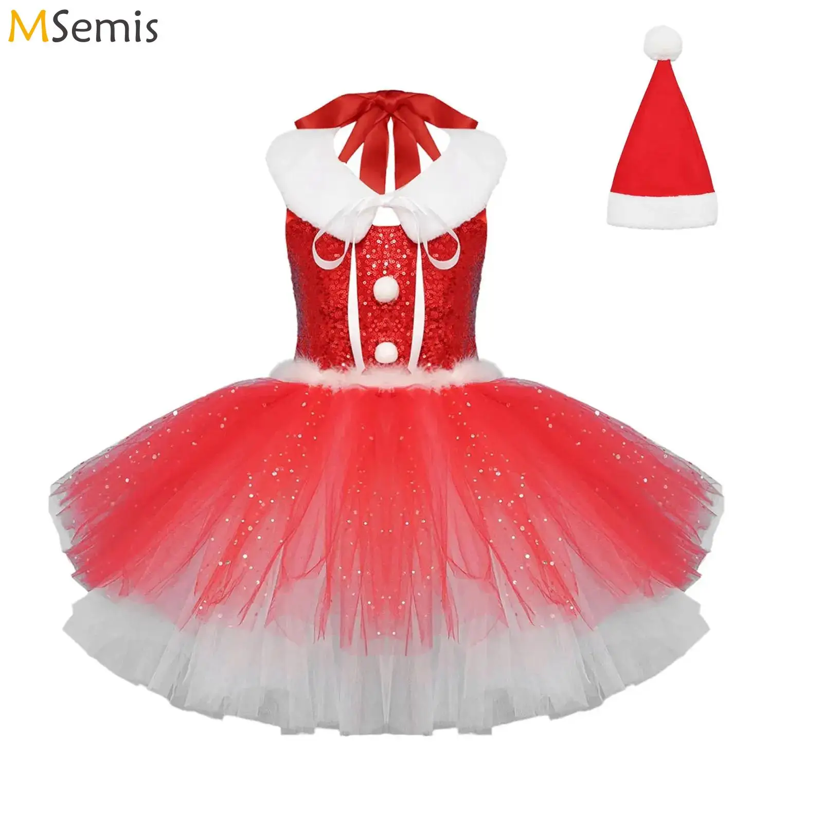 

Kids Girls Christmas Ballet Tutu Dress Figure Sequin Santa Claus Xmas Cosplay Costume Skating Dance Gymnastics Leotard Dancewear