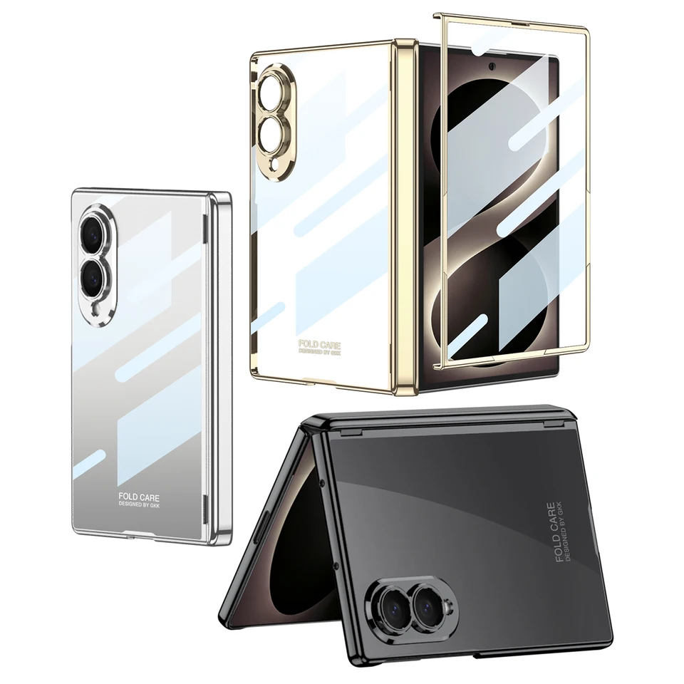 Funda ancha de lujo para Samsung Galaxy Z Fold 8, electroplateada transparente con bisagra, con película espejo, cubierta trasera a prueba de golpes, accesorios 2
