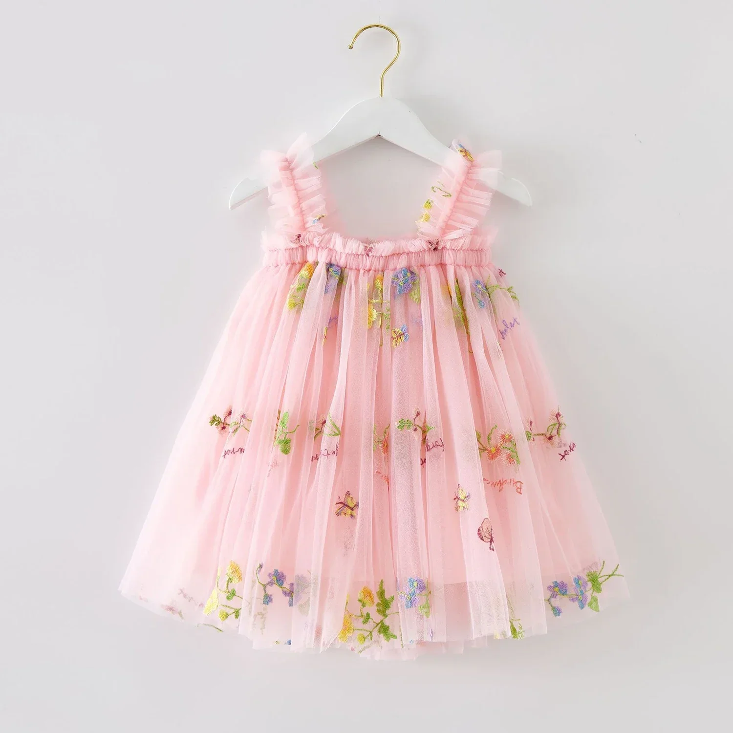 Baby Girls Dress 2024 Summer Vintage Floral Mesh Tutu Princess Dress Birthday Party Strap Dress for 1-5Y Toddler Kids Clothes