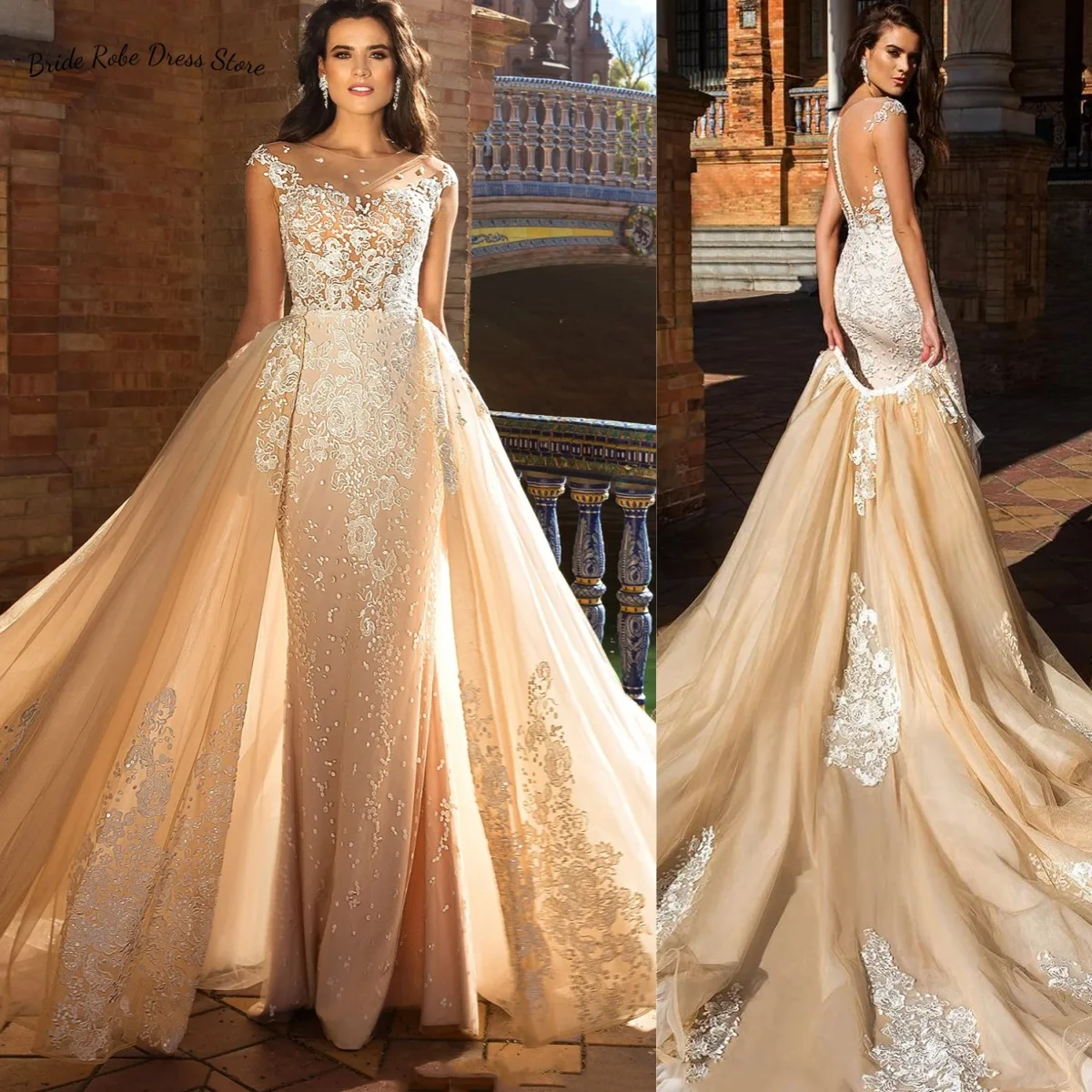 

2025 Custom Bridal Capped Sleeve Jewel Neck Heavily Embroidered Bridal Gown Low Back Long Train Detachable Sheath Wedding Dress