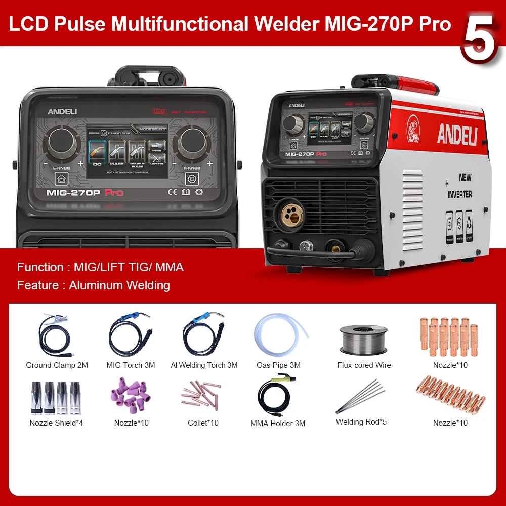 2024 Shipping 220V LCD Screen Double Pulse MIG Lift TIG MMA Spool Semi-automatic Aluminum MIG Welding Machine