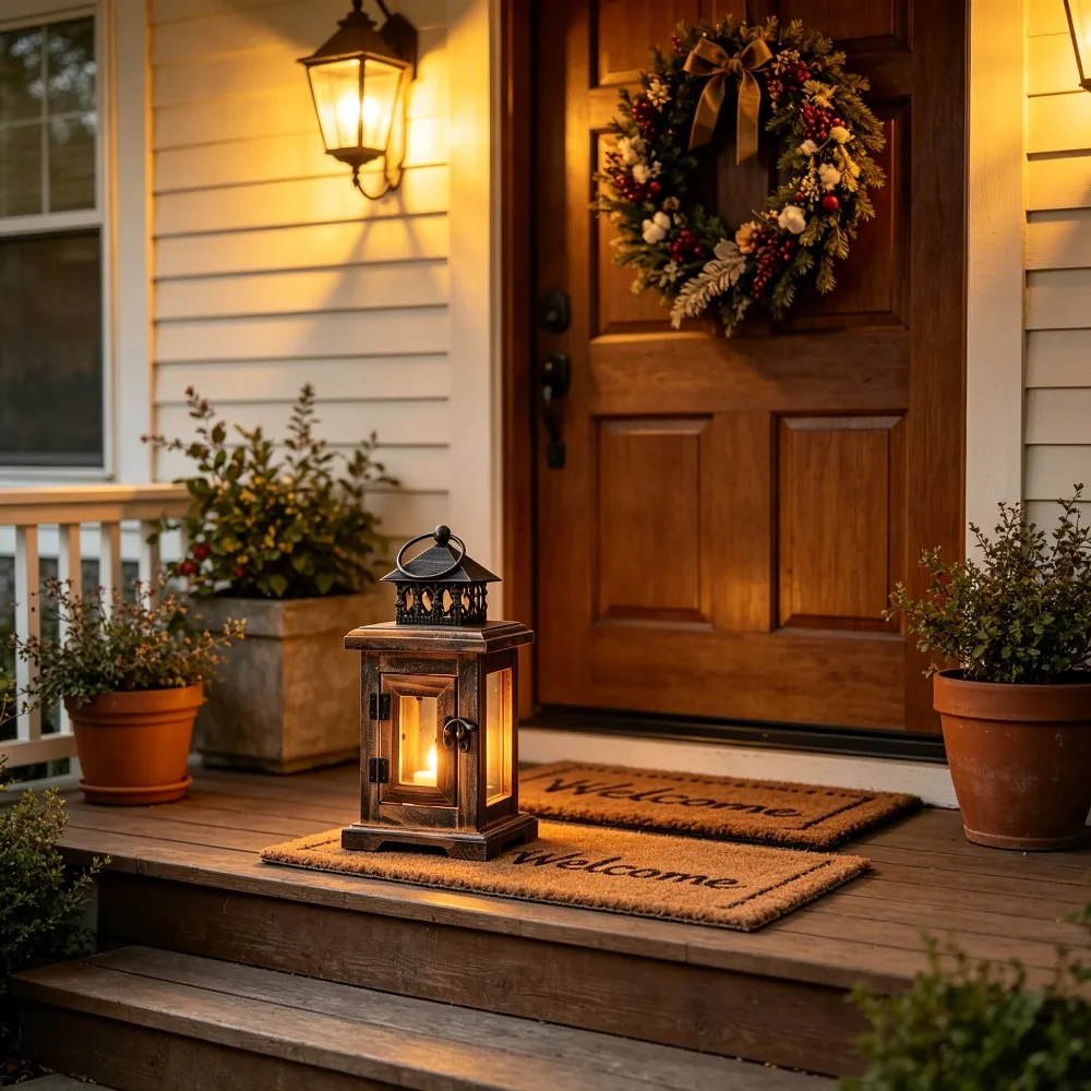 Farmhouse Wooden Candle Lantern Retro Glass Candle Holder Hanging Table Top Decor for Wedding Fireplace Mantle Indoor Atmosphere