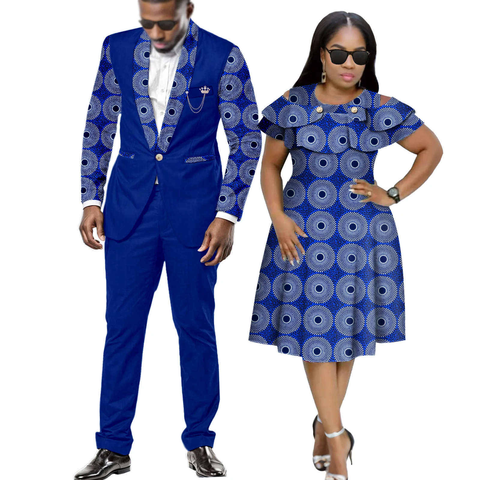 

African Couples Women Print Wax Cotton Fashion Patchwork Hot Dress & Men 2 Pieces Shirt and Pants Sets