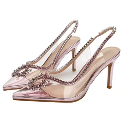New Style Women's High Heels Transparent Diamond One-strap High Heel Sandals Closed Toe Slingback High Heels Party Shoes