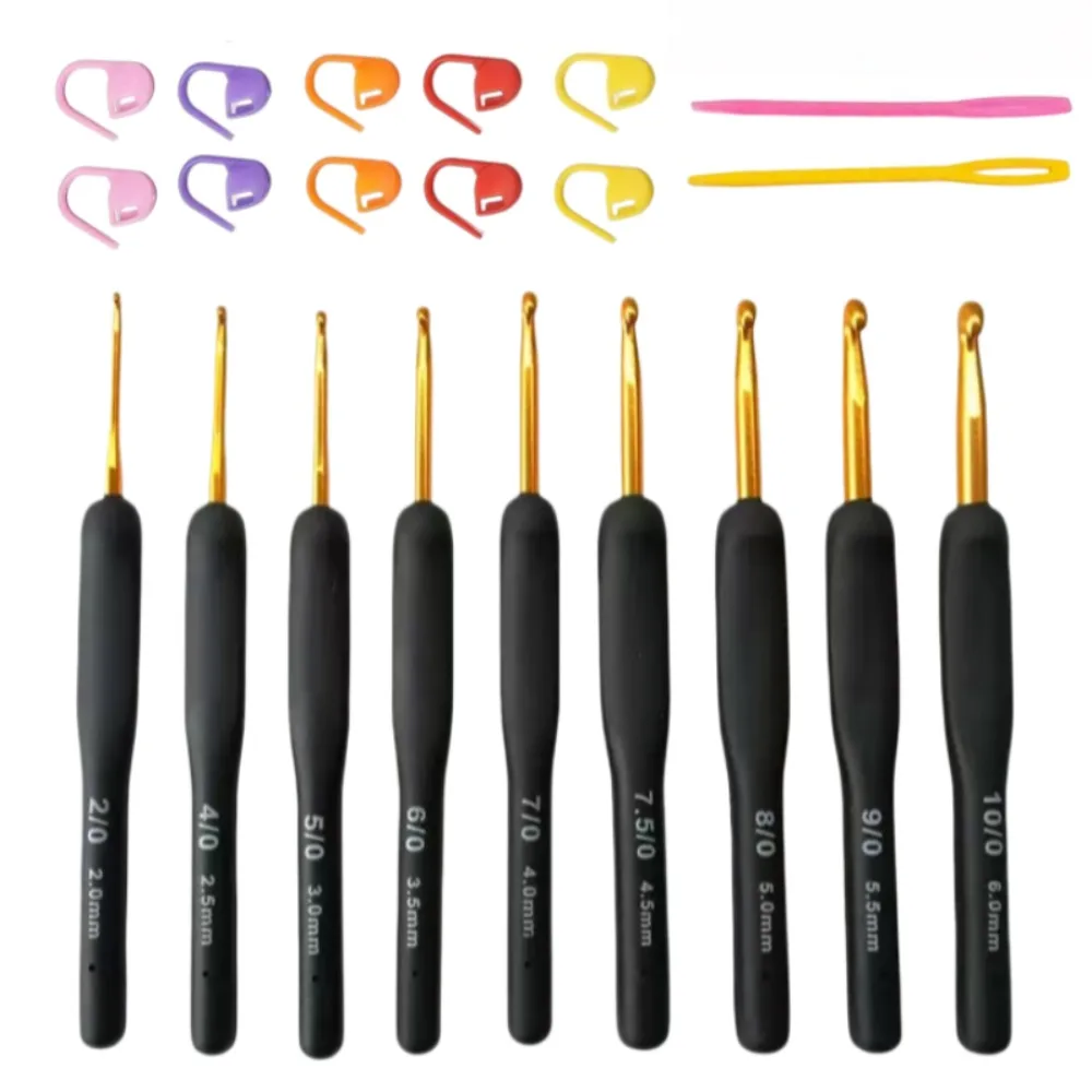 21pcs Hooks Set Gold Head Ergonomic Soft Grip Knitting Needles 2.0-6.0mm with Stitch Markers Sewing Needles DIY Craft Kit