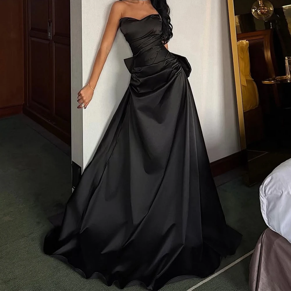 

Customized A-line Evening Dresses Floor-length Strapless Sleeveless Prom Gown Simple Fashion Pleat Backless Casual Party Gown