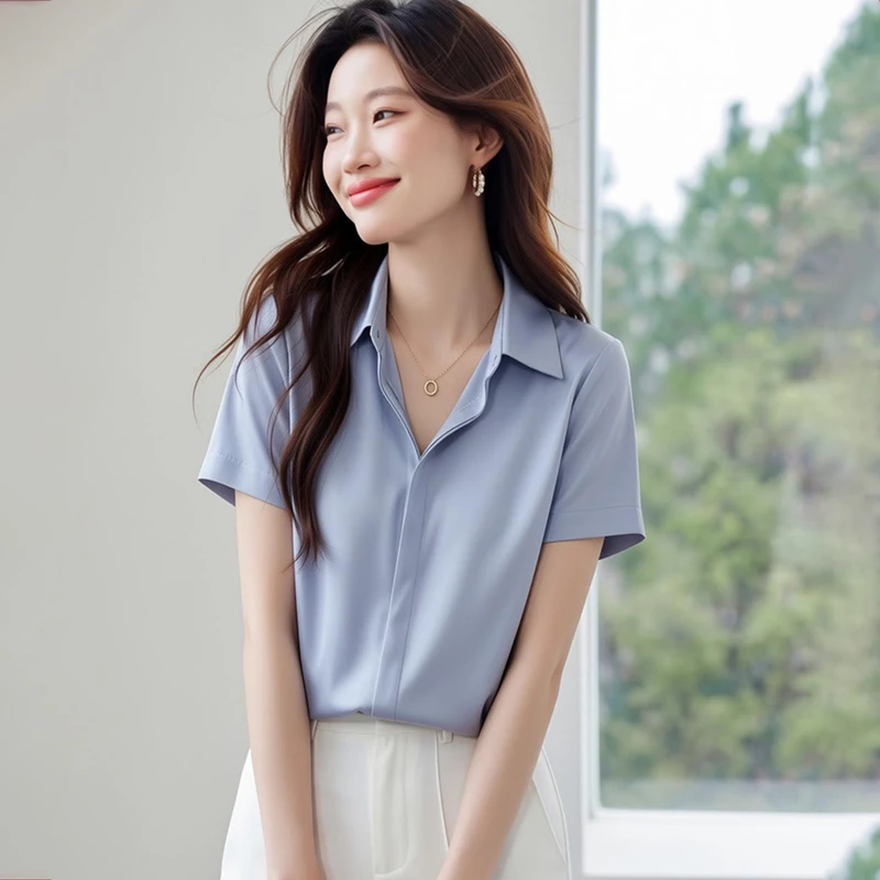 

Новые летние женские повседневные и деловые блузки 2026 года, белые и синие рубашки с коротким рукавом, повседневные футболки KN1001