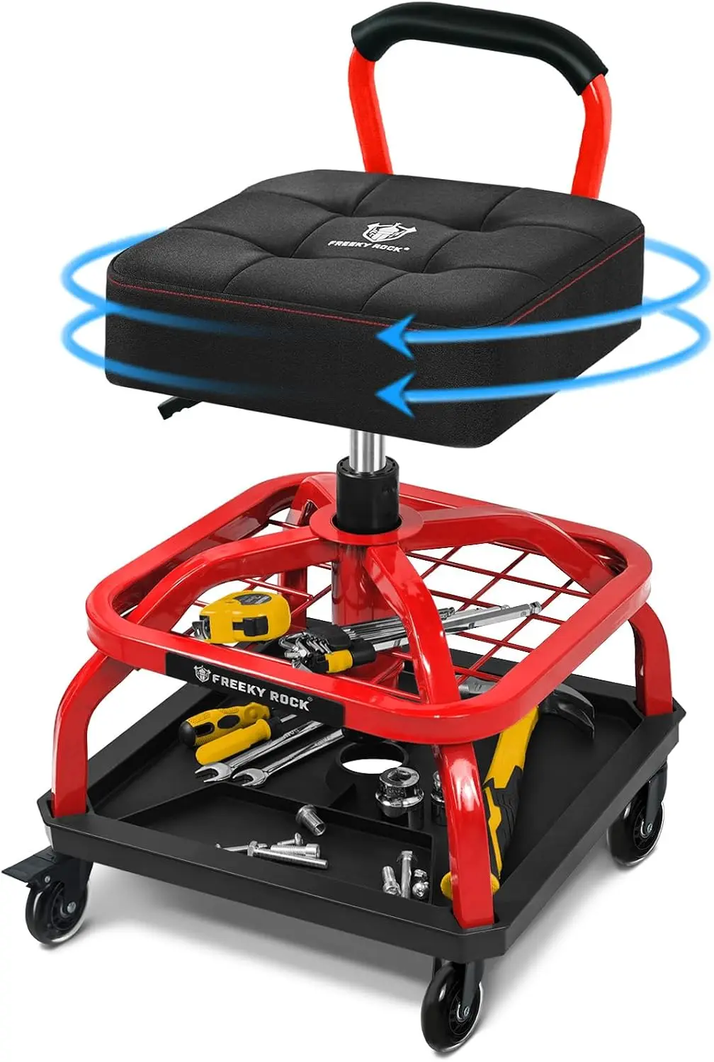 Rolling Shop Stool with Wheels, Garage Mechanic Shop Chair with Handle Backrest, Adjustable Height Work Stool, Roller Seat