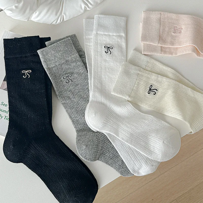 5/10 Pairs Women Solid Color Mid Tube Socks Fashionable Butterfly Knot Print Spring Summer Thin Sweet Style Mesh Stacking Socks
