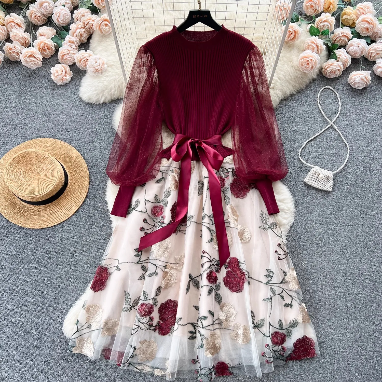 

Autumn Elegant Knitted Patchwork Dress For Women Long Lantern Sleeve Mesh Embroidery Flower A-Line Lace Up Belt Party Vestidos