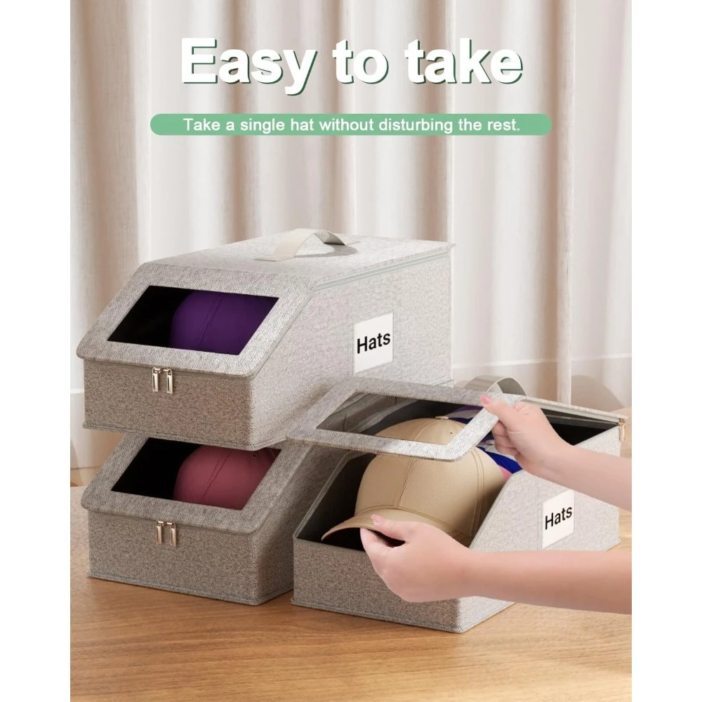 Stackable Dustproof Baseball Cap Storage Box, Transparent Window Foldable Hat Organizer for Wardrobe Closet Storage