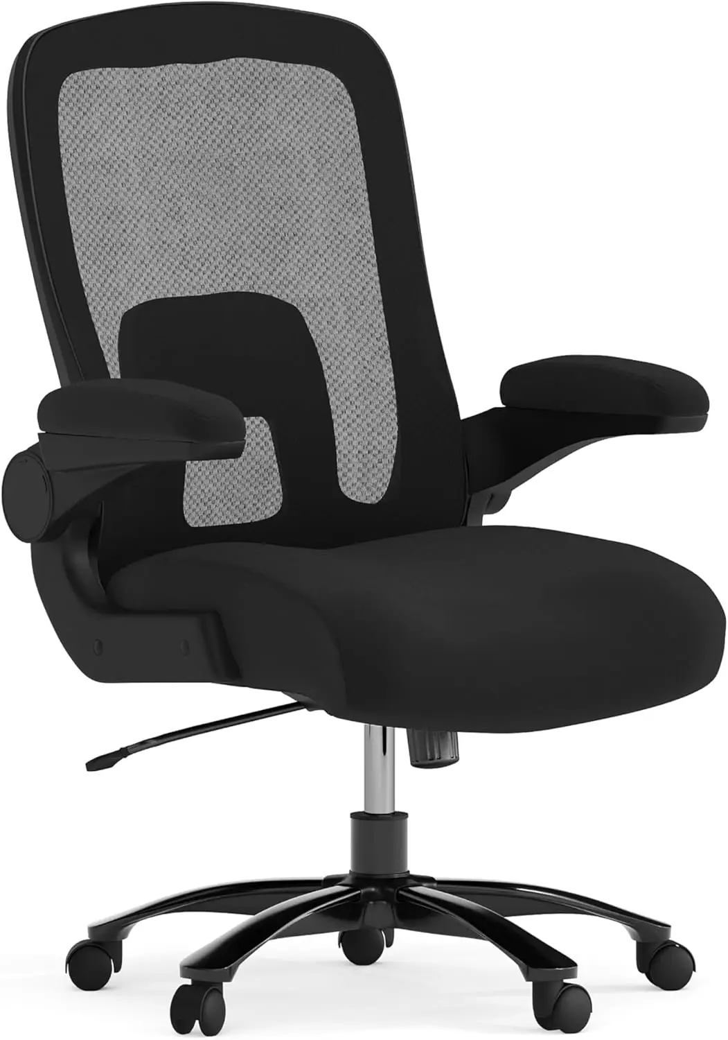 

Big & Tall Swivel Office Gaming Chair, Lumbar Back Support, Ergonomic Mesh, Flip-Up Armrests, Adjustable Height, Black