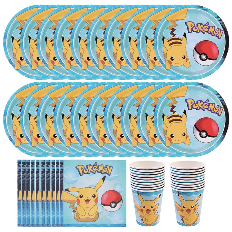 Pokemon Birthday Party Decoration Tableware Supplier Cartoon Pikachu Paper Plate Napkin Cup Party Supplies for Kids Gifts Decor