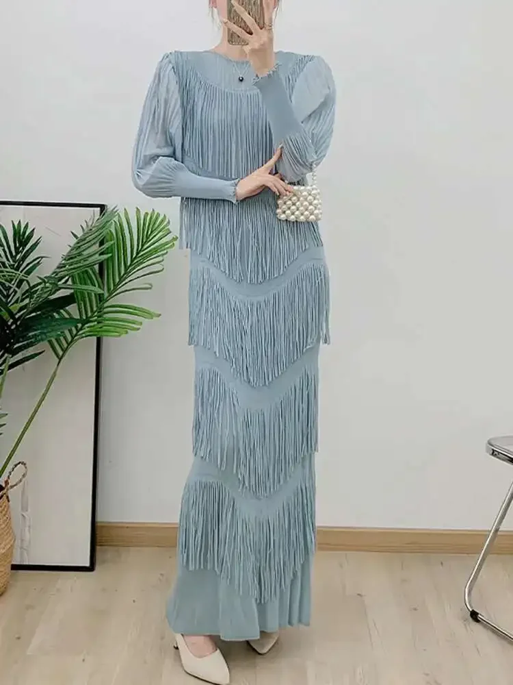 Geplooide jurk met kwastjes, dames, ronde hals, volledige mouw, chique elegante dame, 2025, zomer, nieuwe mode, casual dame, lange avondjurken