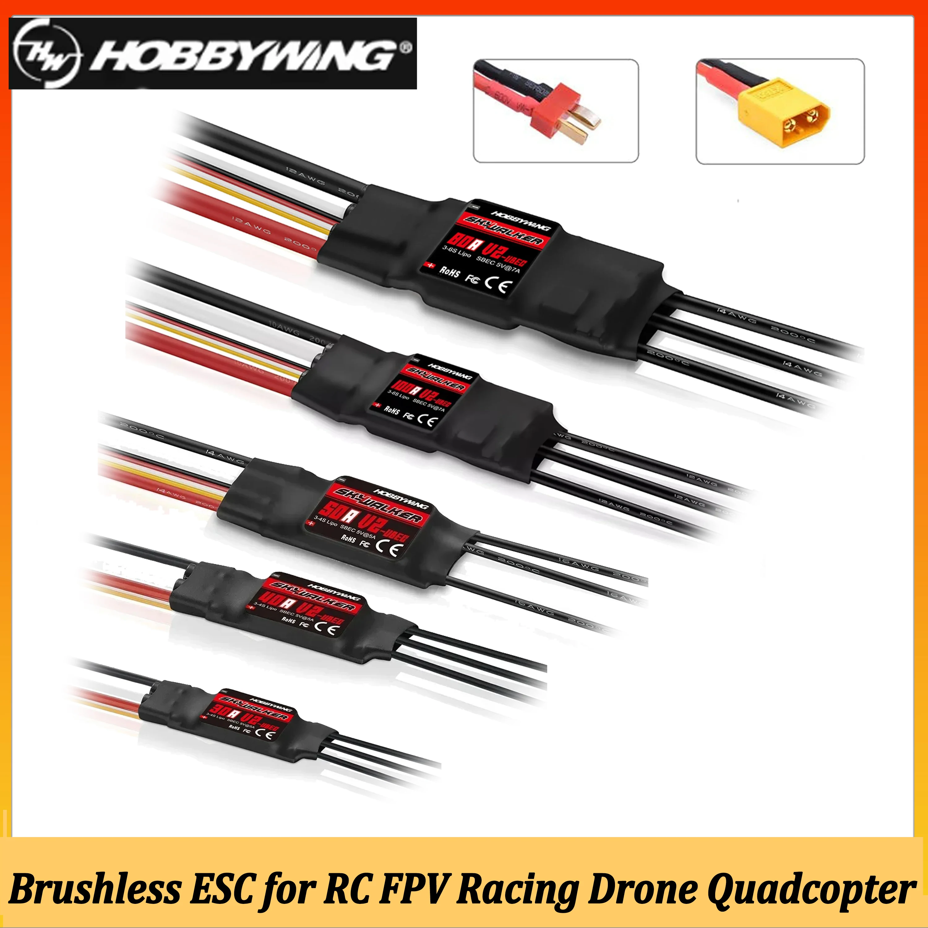 

HOBBYWING Skywalker V2 100A 80A 60A 50A 40A 30A 15A T/XT60 Бесколлекторный регулятор скорости ESC для радиоуправляемых FPV-дронов и квадрокоптеров
