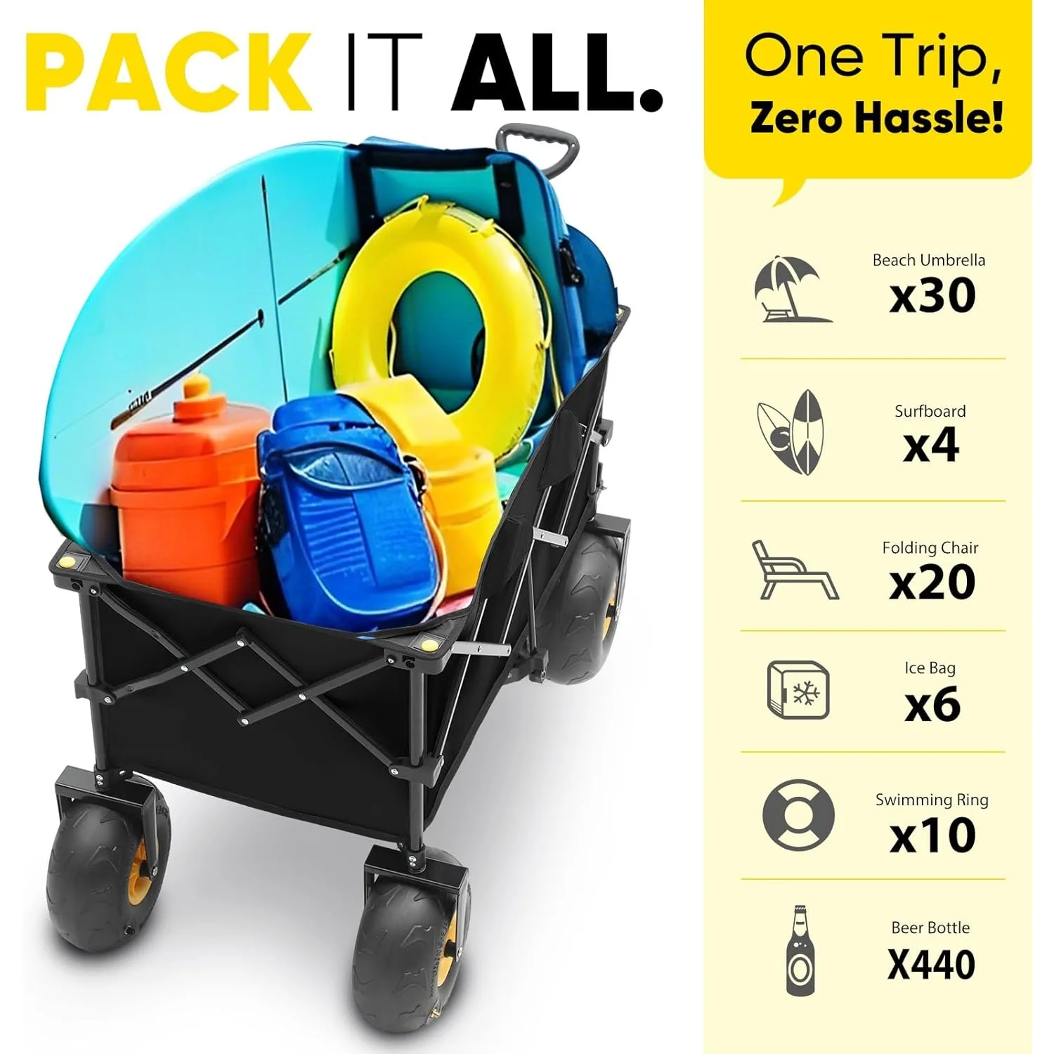 عربة الشاطئ Duty Beach مع عجلات كبيرة مقاومة للرمل مقاس 9 بوصات - سعة 440 رطل، عربة قابلة للطي كبيرة الحجم سعة 200 لتر |   مقبض قابل للتعديل