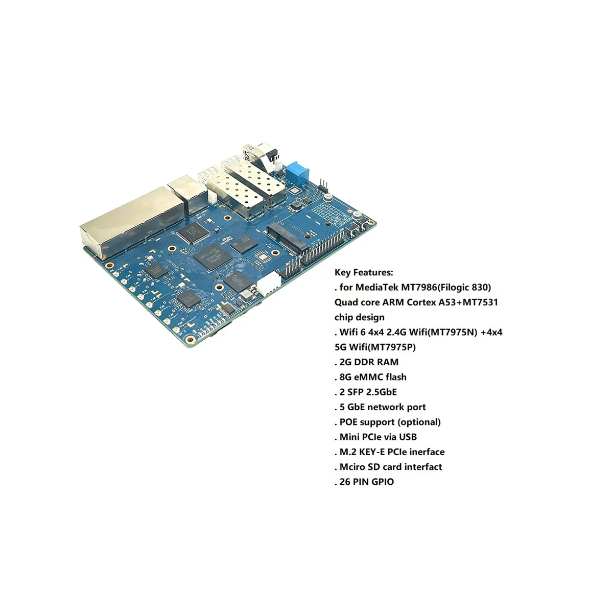 For Banana PI -R3 MT7986 2G+8G EMMC Development Board with 256G SSD+4G Module+Case+8XAntennas+Heat Sink+Power EU Plug