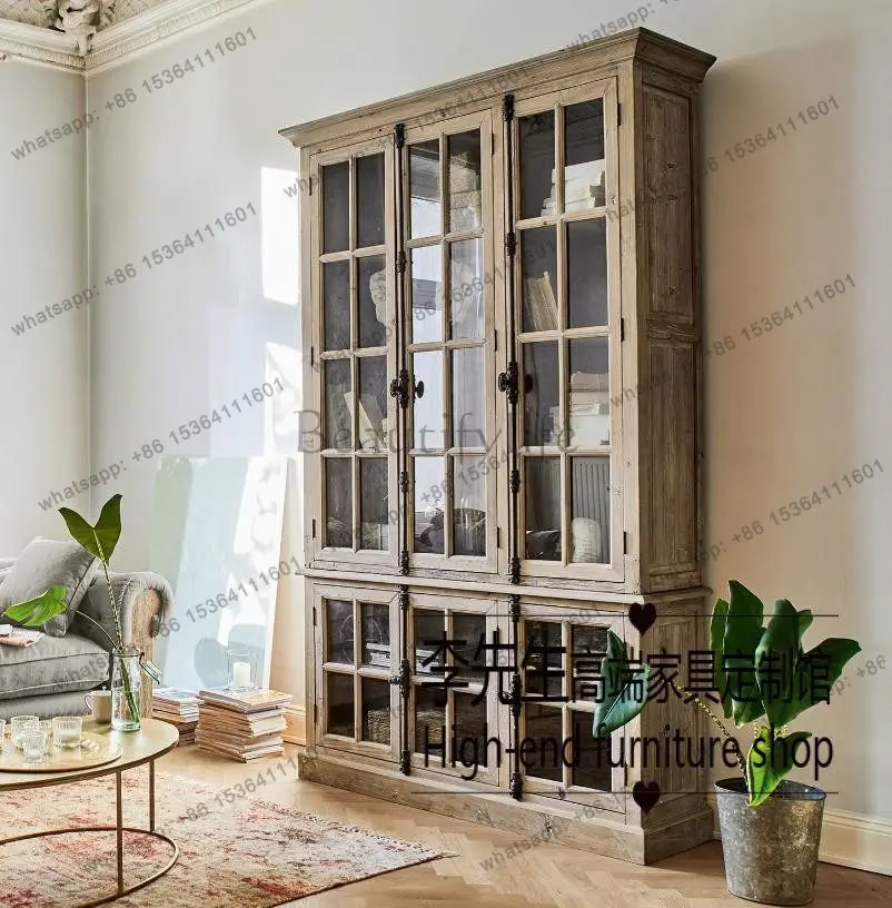

French retro old solid wood combination bookcase American country glass three-door wine cabinet