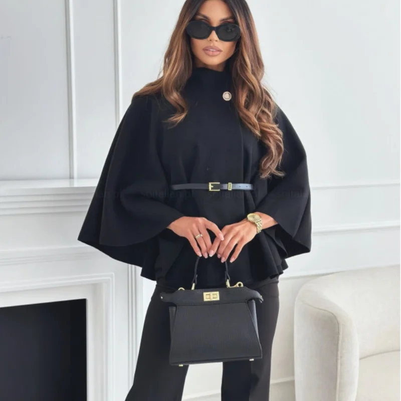 

4 Colors Batwing Sleeves Long Overcoat With Belt Women Soft Faux Woolen High Neck One Button Loose Cloak Winter Warm Poncho Cape