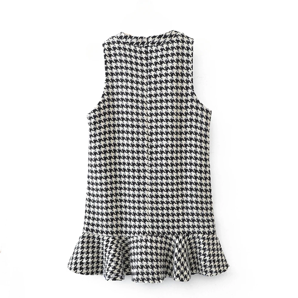 Sweet Vintage Houndstooth Print Women’s Sundress Korean Fashion Sleeveless V-Neck Dresses Casual New Year Mermaid Party Dresses