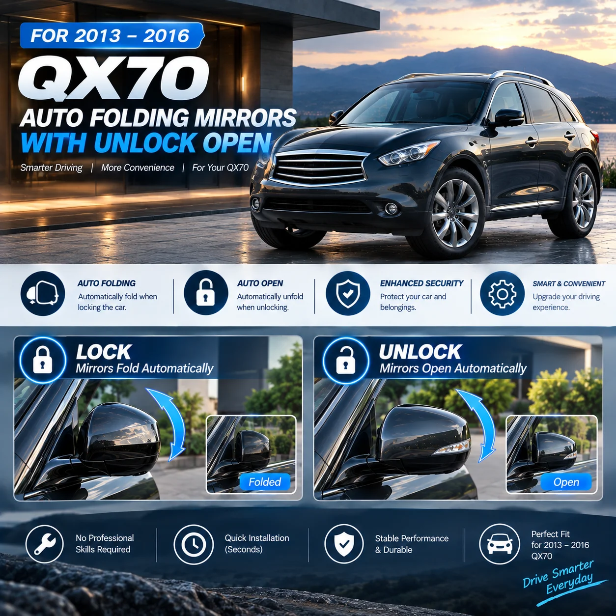 Dedicated retrofit kit for Infiniti QX70 (2013–2016 models): mirrors fold upon locking and unfold upon unlocking.