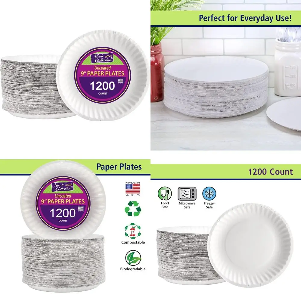 

Повседневные 9-дюймовые белые бумажные столовые тарелки, 12 шт., в упаковке 100 в упаковке, всего 12 упаковок, прочная одноразовая посуда