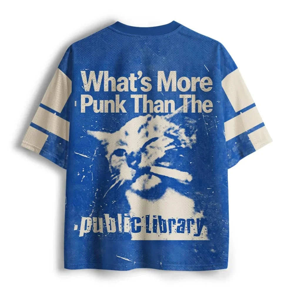 2026 New Y2K Retro Smoking Cat Printed Mesh Jersey V-neck Blue and White Contrast Large Street Hip Hop Short Sleeve T-shirt