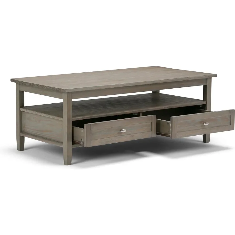 Coffee Table Warm Shaker Solid Wood 48 Inch Wide Rectangular Transition, Distressed Grey for Living Room and Family Room