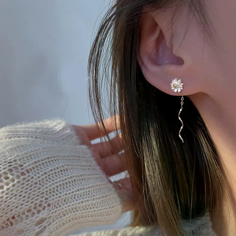 1Pair Silver Color Trend Daisy Flower Long Wire Tassel Thread Hanging Earrings For Women Piercing Earring Girl Jewelry