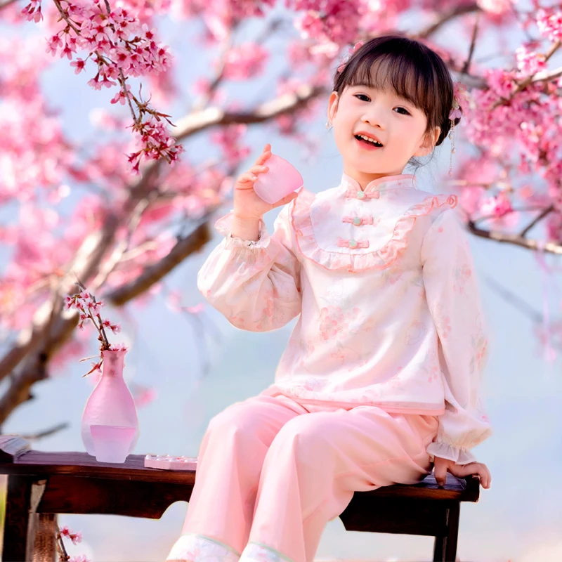 Hanfu girl spring and autumn clothing baby Chinese style pink pants set little girl ancient clothing children's improved Tang cl