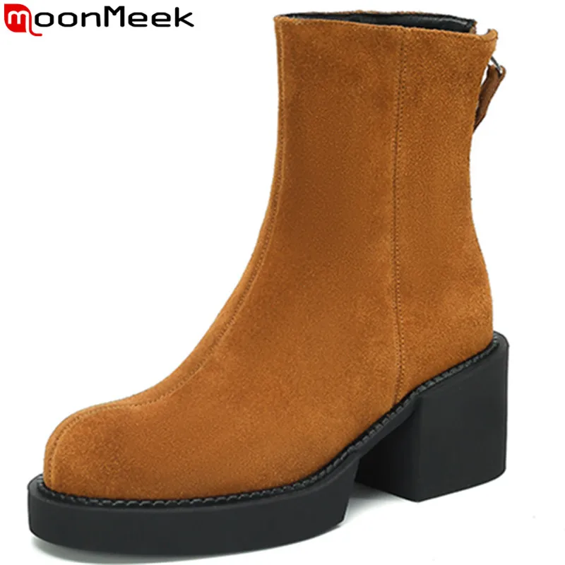 

MoonMeek 2022 New Arrive Solid Ankle Boots Zipper Ladies Cow Suede Women Winter Boots Square High Heels Dress Shoes