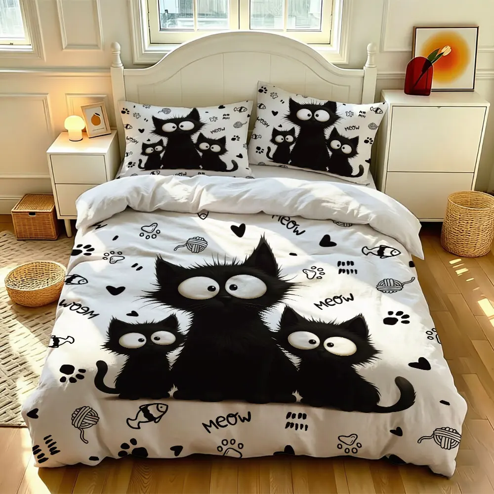 3pcs Black Cats Paw Print Duvet Cover Set Cute Kitten Soft Microfiber Bedding Set with Pillowcases Bedroom Decor Gift