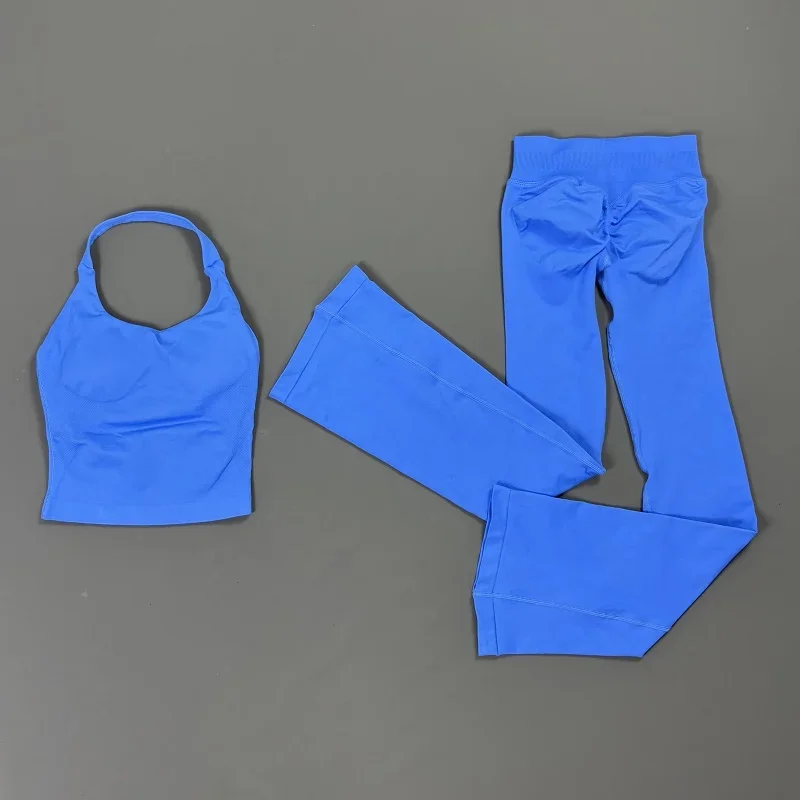 2-teiliges Fitness-Set für Damen: Nahtloses Gym-Haltertop und Hüftliftende Schlaghose für Yoga, Laufen und Workout – Detail 16